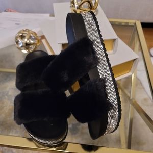 Black Rhinestone fur sandals